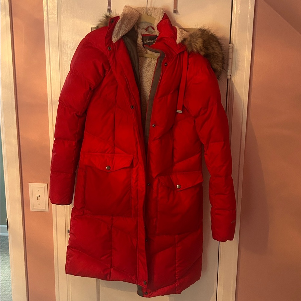 Eddie Bauer Red Puffer Coat with Fur Hood
